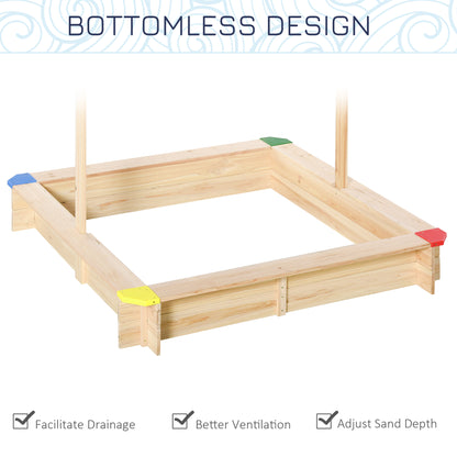 Sandpit, Kids Wooden Sandbox with Adjustable Canopy, Bench Seats & Protective Corners for 3-6 Years Boys Girls, 120x120x120cm