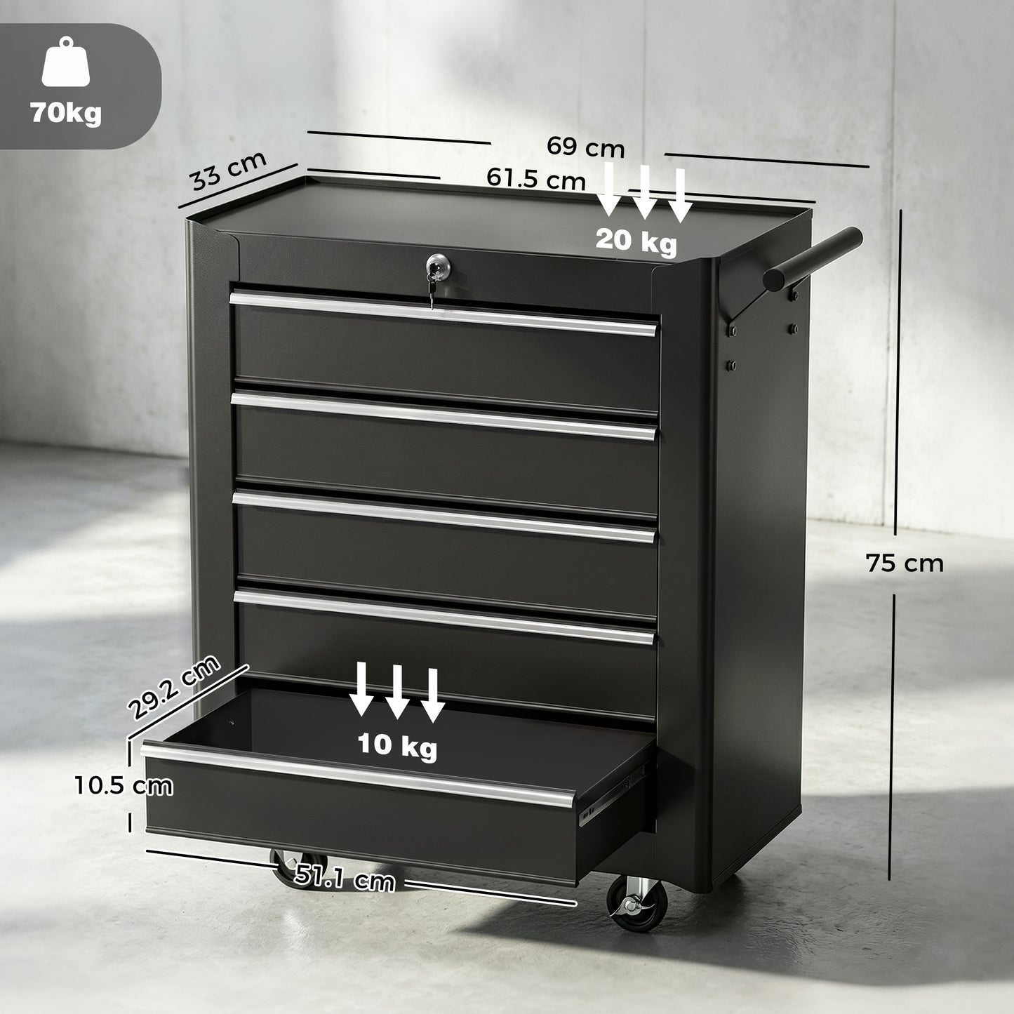 5-Drawer Tool Chest with Wheels, Steel Lockable Tool Storage Cabinet with Handle, 2 Keys for Garage, Workshop, Black