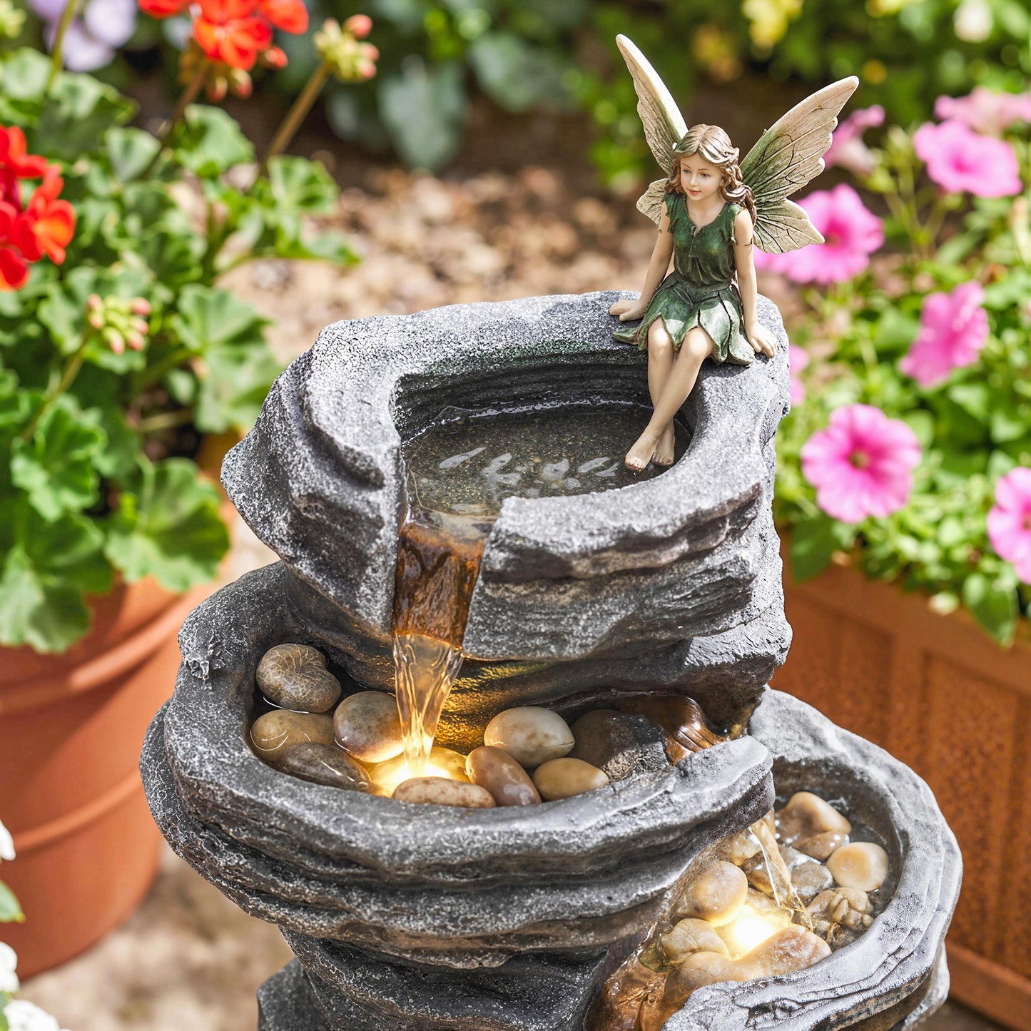 Outdoor Fountain, 6-Tier Cascading Waterfall Feature with LED Lights, Resin Freestanding Garden Fountain, Grey