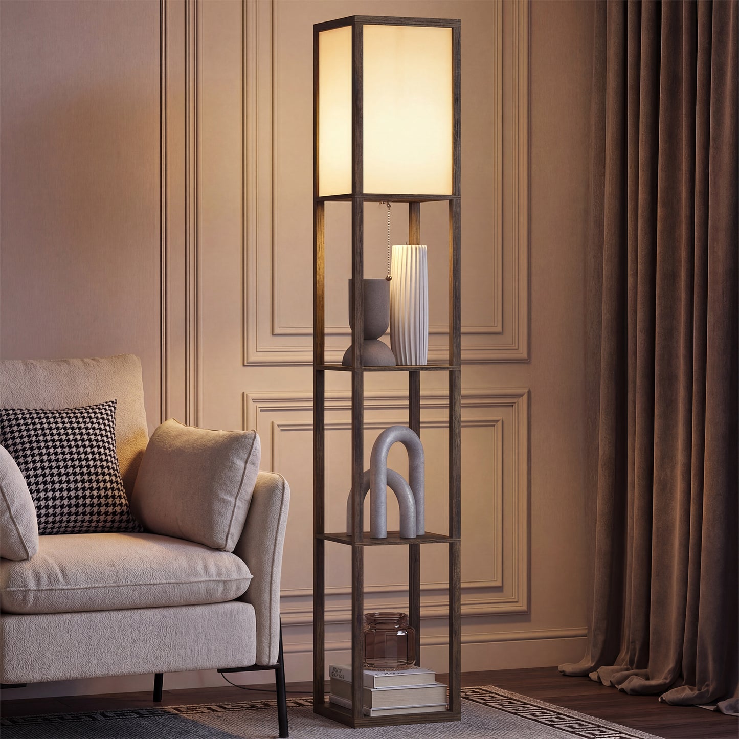3-Tier Floor Lamp with Shelves – Brown