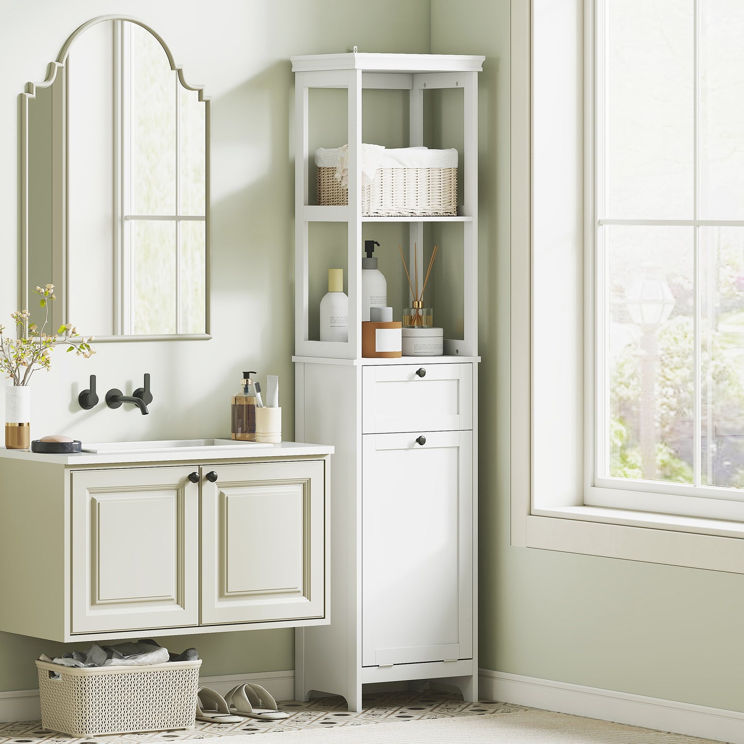 Tall Bathroom Cabinet, with Laundry Basket - White