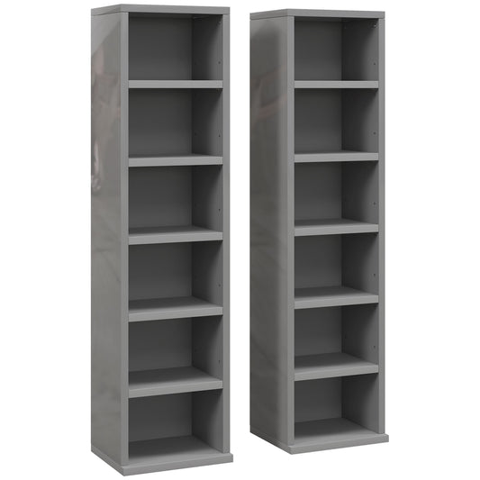 Set of 2 CD Media Display Shelf Unit Tower Rack with Adjustable Shelves, High Gloss Grey