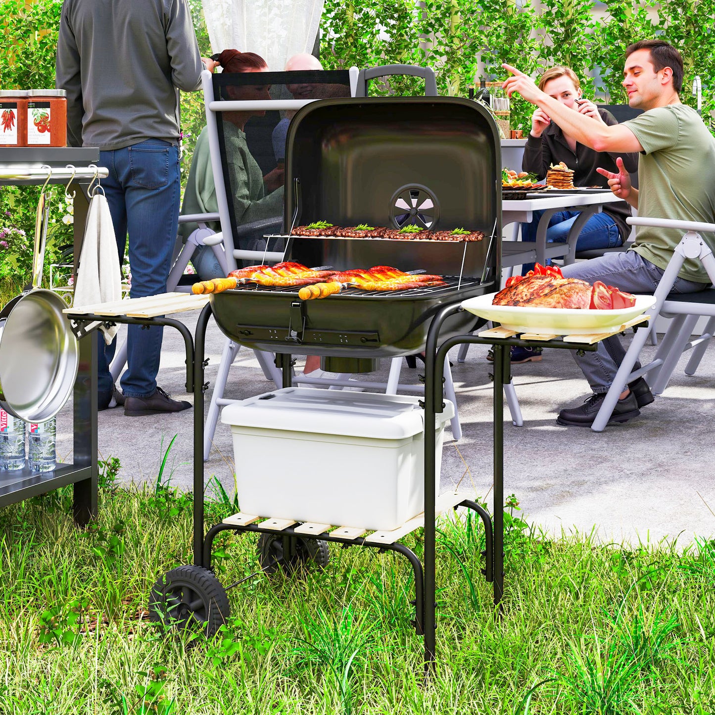 Charcoal Barbecue Grill Portable BBQ Grill with 1840 cm² Cooking Area, 3 Shelves, Adjustable Vent, Lockable Lid