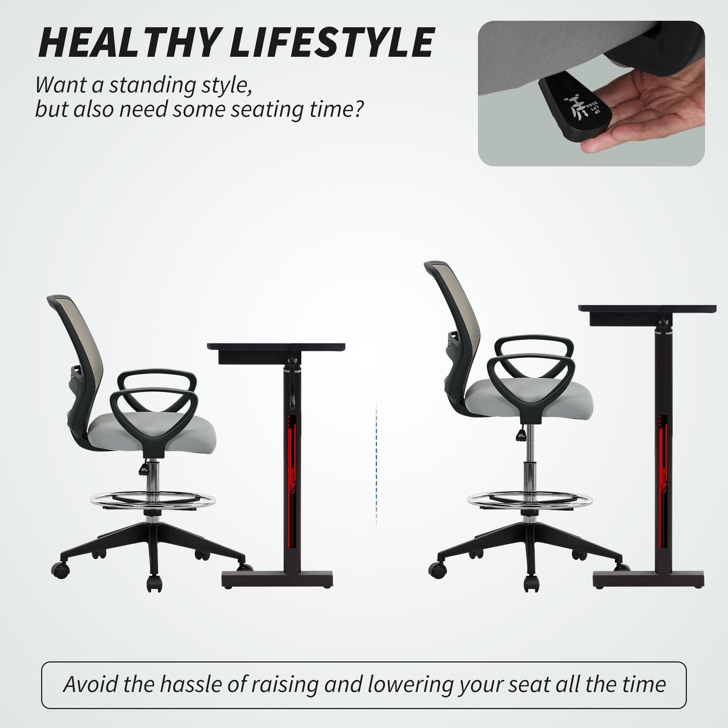 100-120cm Draughtsman Office Chair, with Footrest - Light Grey