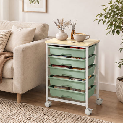 6-Tier Storage Trolley on Wheels, Metal Kitchen Rolling Cart with 5 Pull-Out Drawers, Green