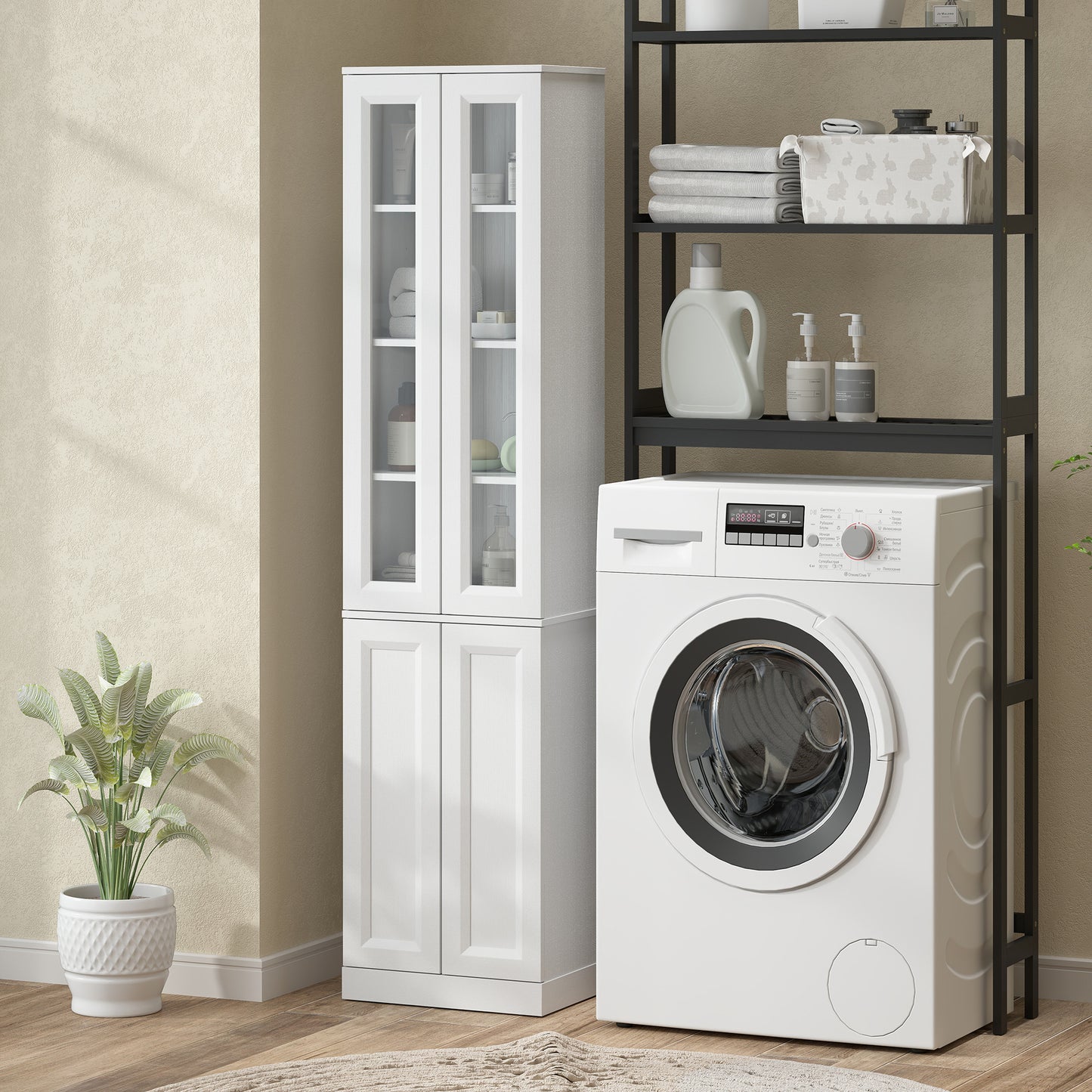 Tall Bathroom Storage Cabinet, 6-Tier Slim Bathroom Cabinet with Adjustable Shelf, 4 Soft-Close Doors, White