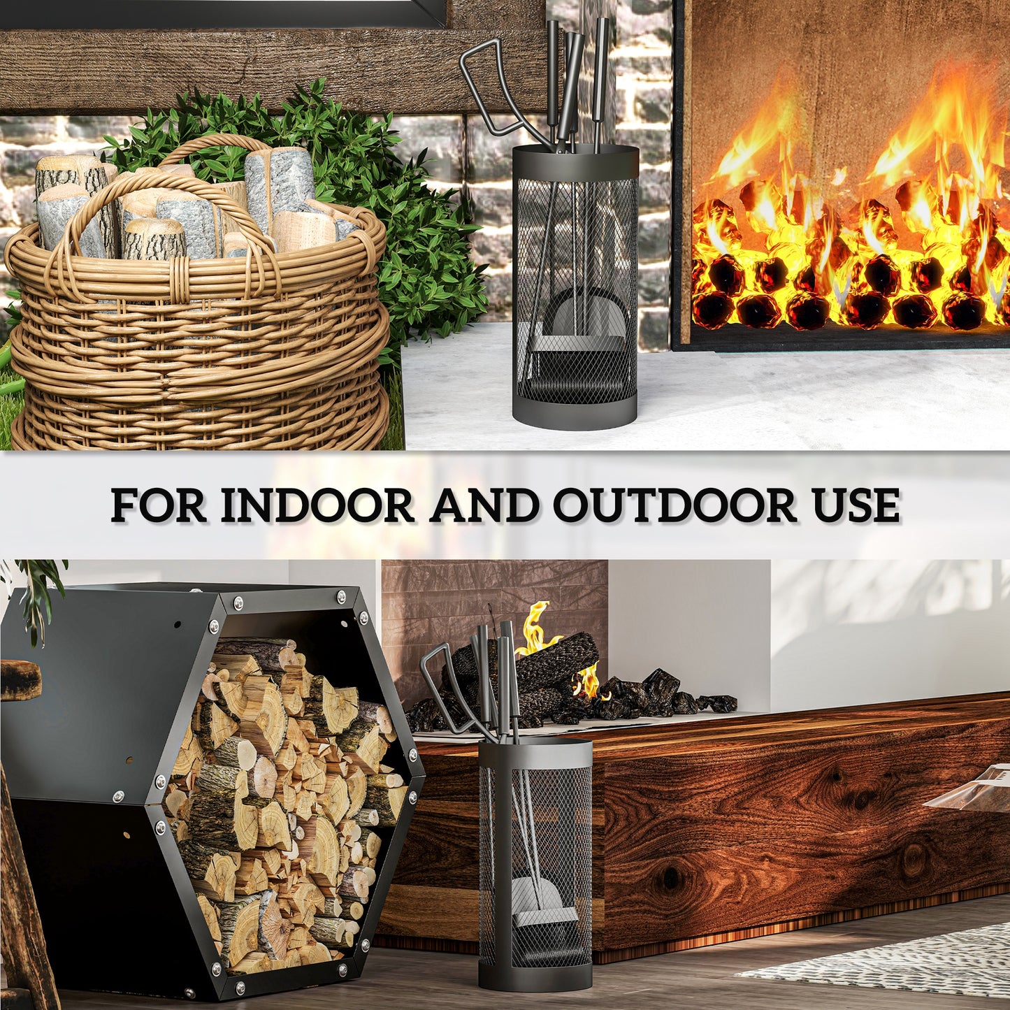 5-Piece Fireplace Tools Set with Mesh Basket, Indoor Outdoor Fireside Accessories for Fireplaces, Fire Pits, Black