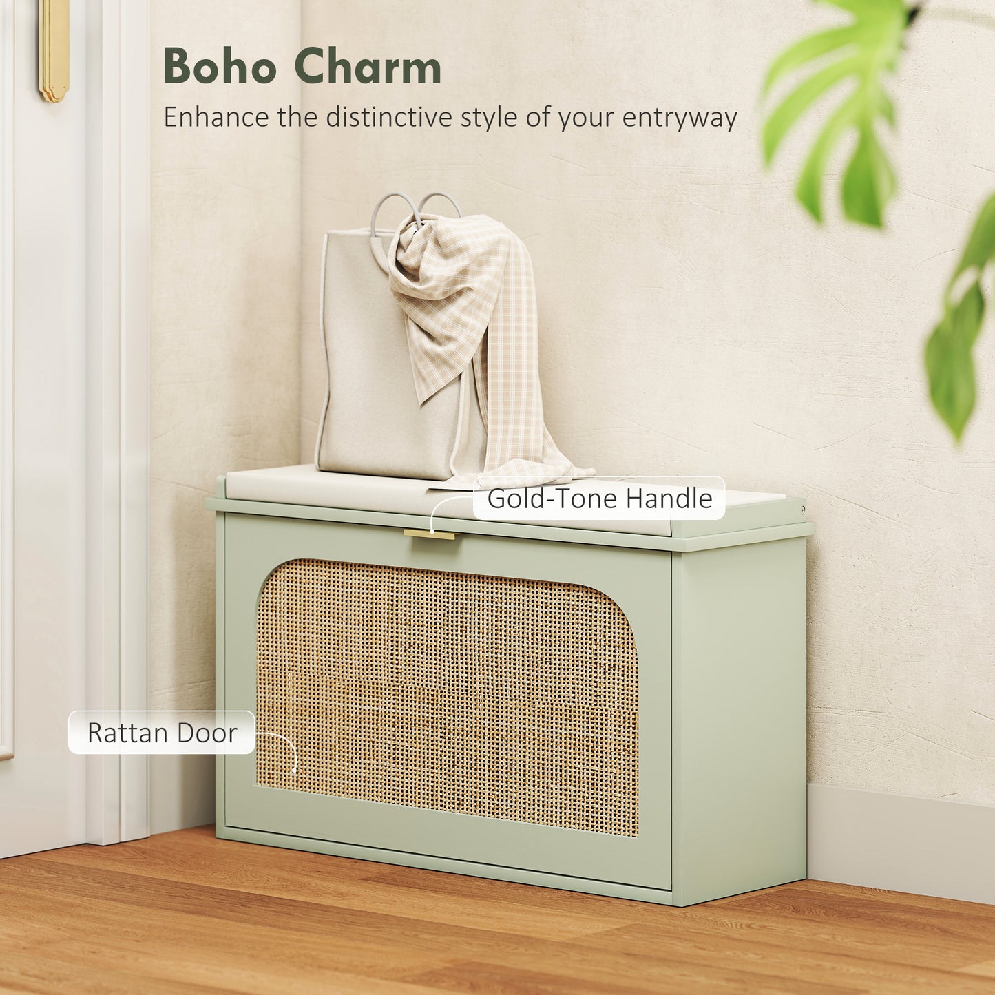 Boho Shoe Bench with Padded Seat and Flip-Drawer - Light Green