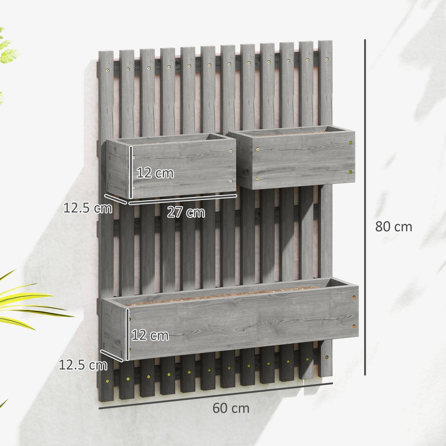 Wall-mounted Wooden Garden Planters with Trellis, Drainage Holes and 3 Planter Boxes for Patio, Grey
