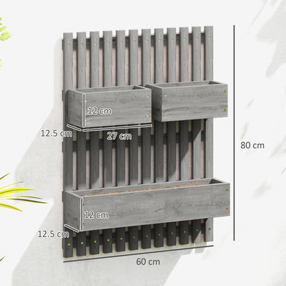 Wall-mounted Wooden Garden Planters with Trellis, Drainage Holes and 3 Planter Boxes for Patio, Grey