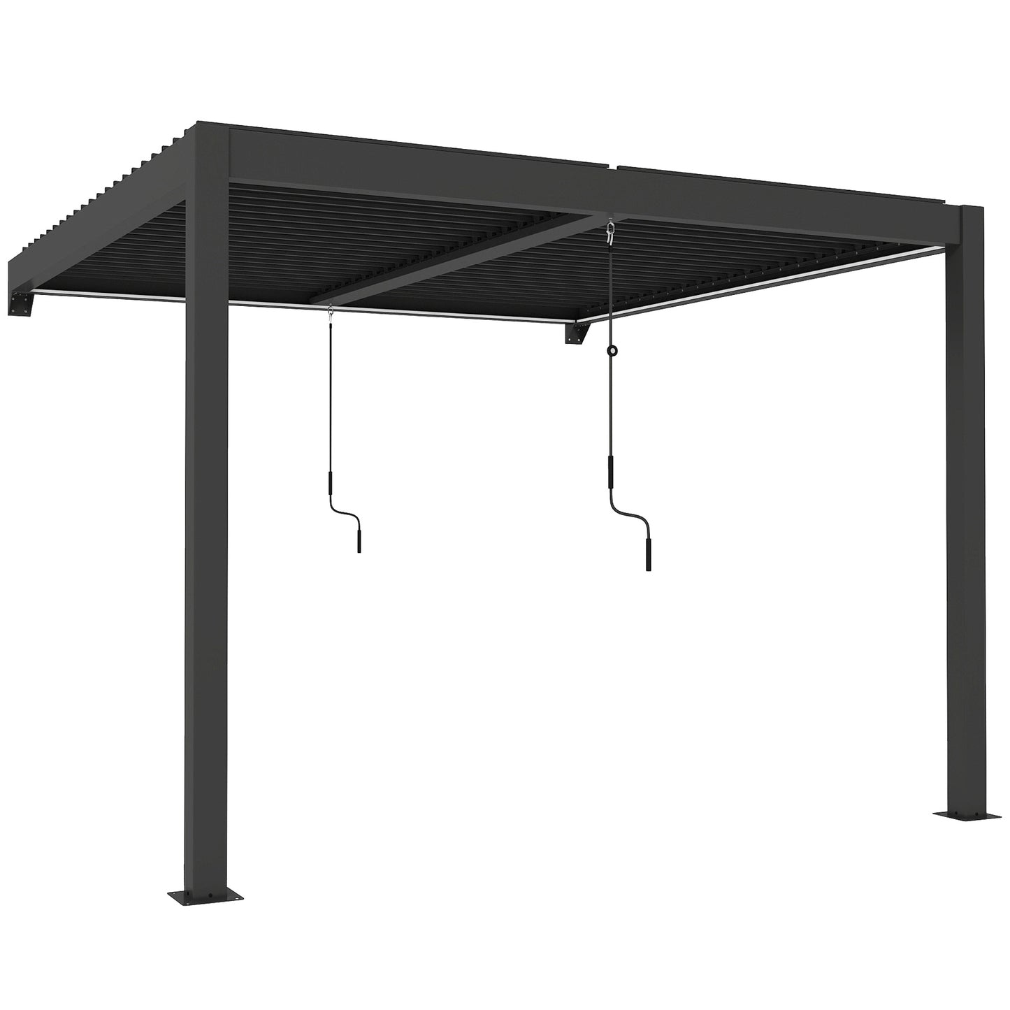 3 x 3 m Louvered Pergola with LED Lights, Metal Louvres, Wall Mounted Aluminium Patio Gazebo Pergola, Dark Grey