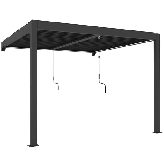 3 x 3 m Louvered Pergola with LED Lights, Metal Louvres, Wall Mounted Aluminium Patio Gazebo Pergola, Dark Grey
