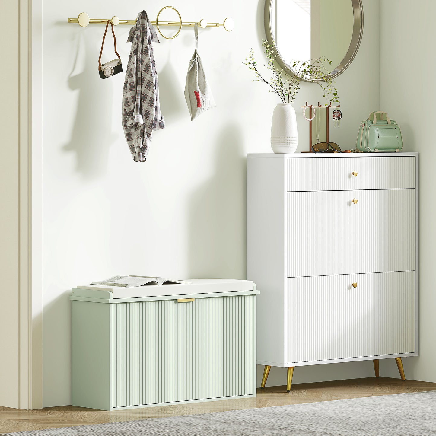 Elegant Eight Shoe Bench, with Top Seat - Green