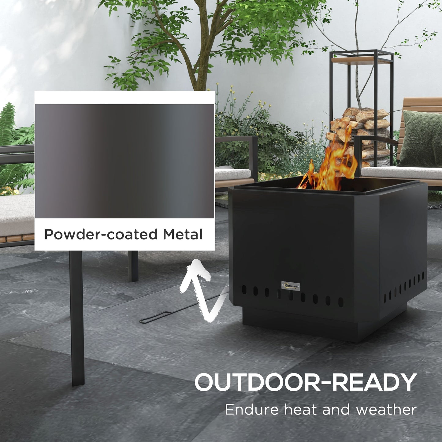 Smokeless Fire Pit, 48 cm Portable Wood Burning Firepit, Square Metal Bonfire Stove with Poker, Black