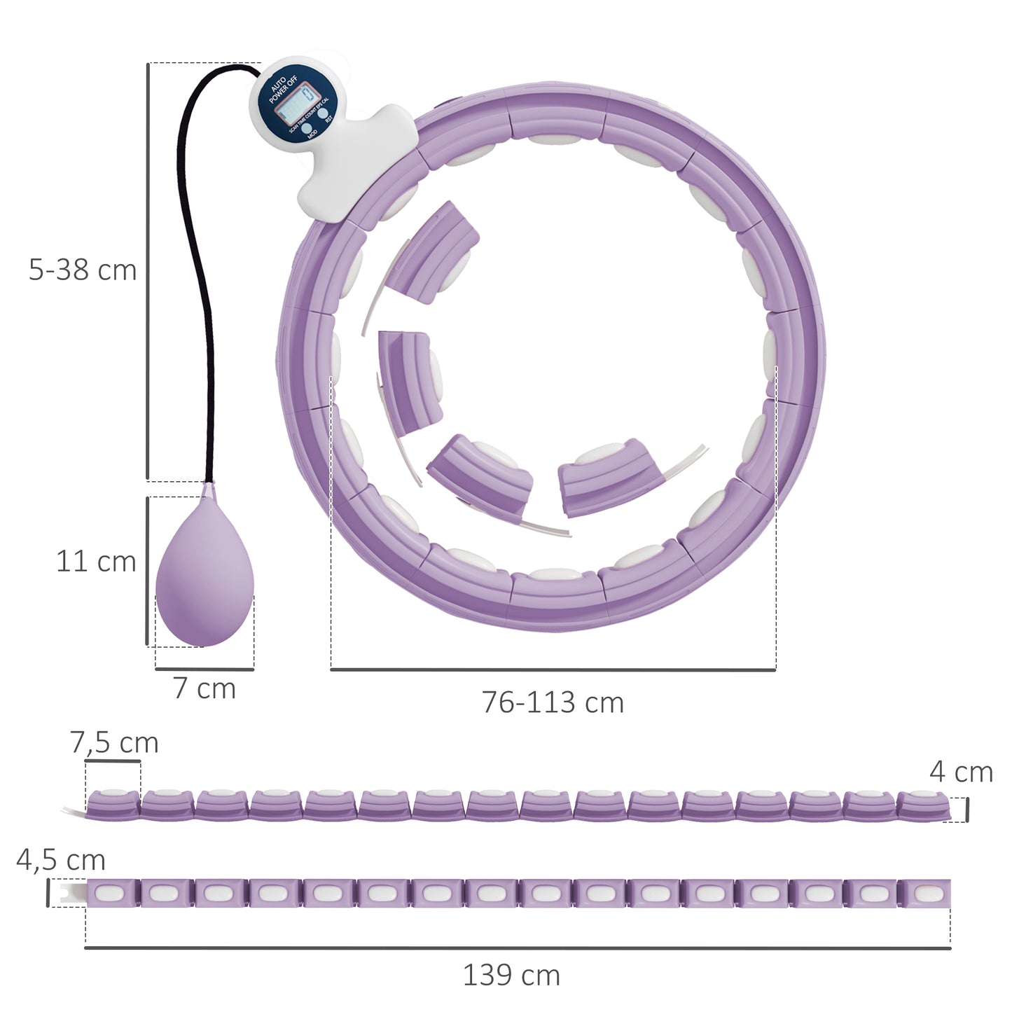 Smart Weighted Hula Hoop, Massage Hula Ring w/ 16 Detachable Knots, 360° Auto-Rotating Ball, Digital Counter, Purple