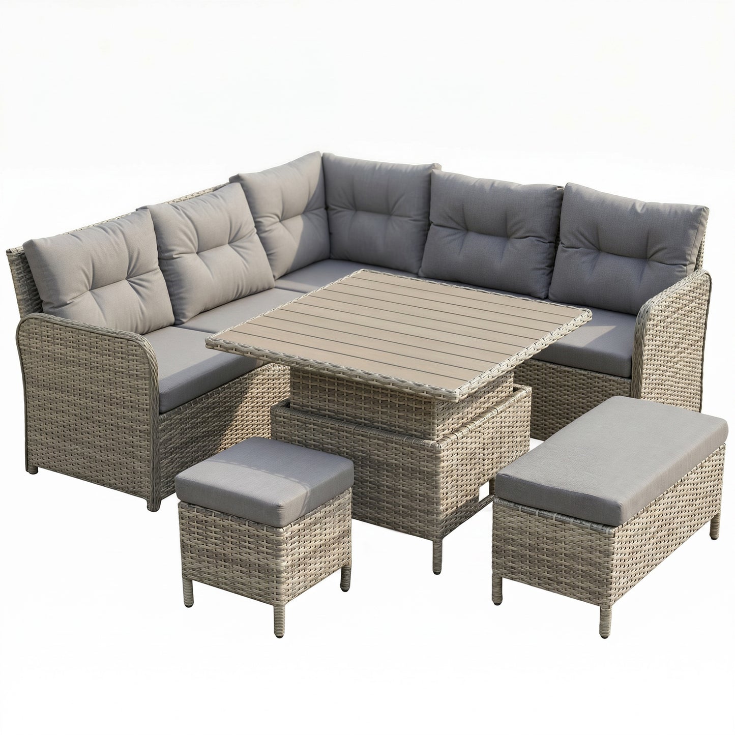 7 Seater Rattan Garden Furniture Set, 6 Piece Patio Dining Set with Liftable Coffee Table and Soft Padded Cushion