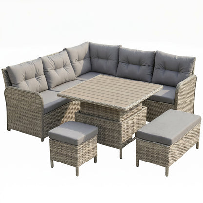 7 Seater Rattan Garden Furniture Set, 6 Piece Patio Dining Set with Liftable Coffee Table and Soft Padded Cushion