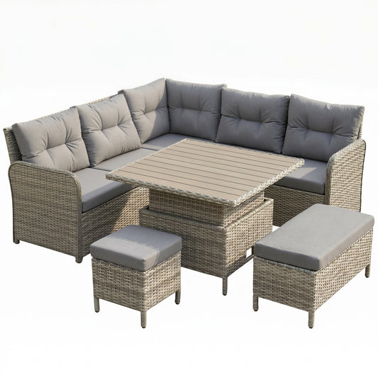 7 Seater Rattan Garden Furniture Set, 6 Piece Patio Dining Set with Liftable Coffee Table and Soft Padded Cushion