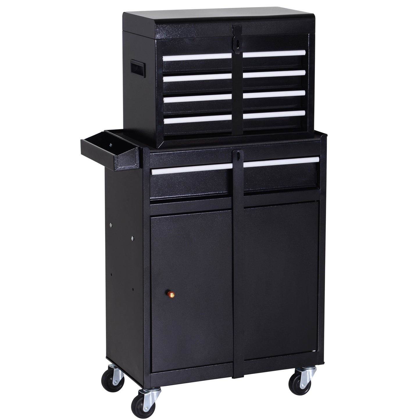 Tool Chest 2 in 1 Metal Tool Cabinet Storage Box with 5 Drawers Pegboard Wheels 60x28x104.5cm Black