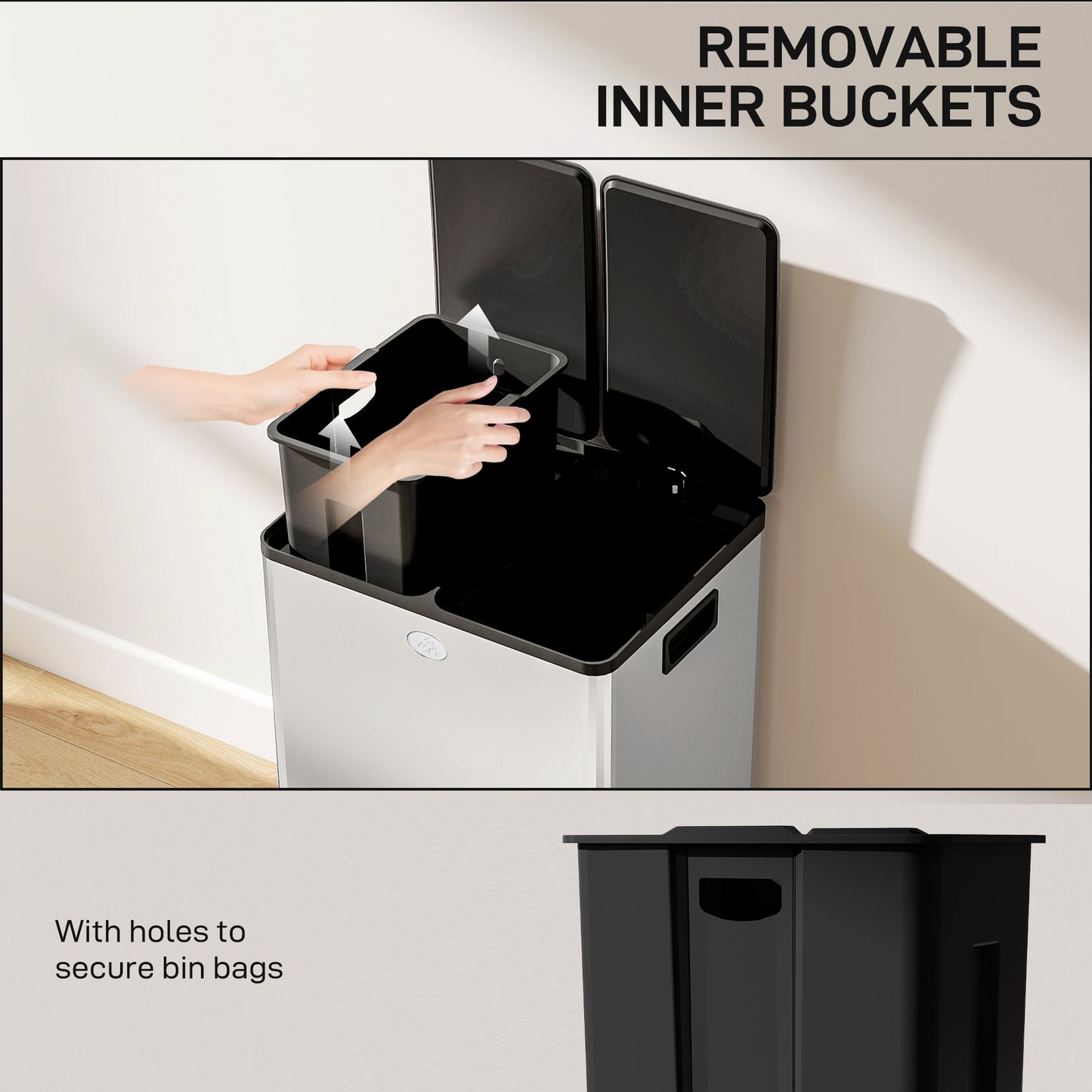 56L Dual Compartment Stainless Steel Bin, with Deodoriser Holders - Silver Tone