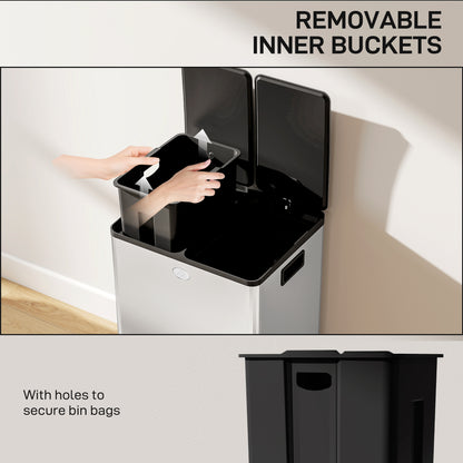 56L Dual Compartment Stainless Steel Bin, with Deodoriser Holders - Silver Tone