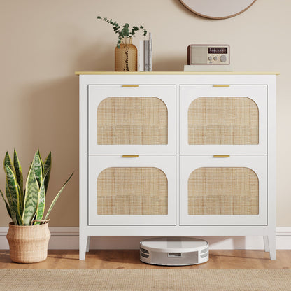 Narrow Shoe Cabinet, Boho Slim Shoe Storage Cabinet with 4 Flip Drawers, Holds 20 Pairs, White