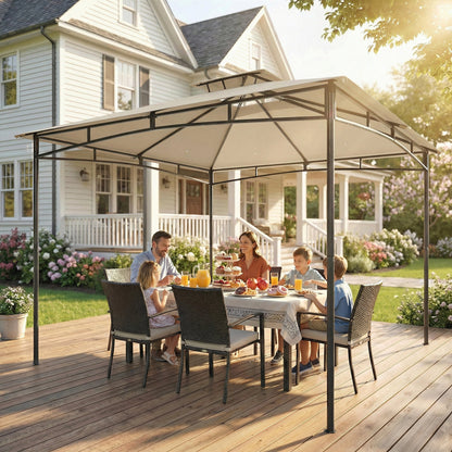 3 x 3 m Gazebo, Garden Gazebo with 2-Tier Roof, Metal Frame, Khaki