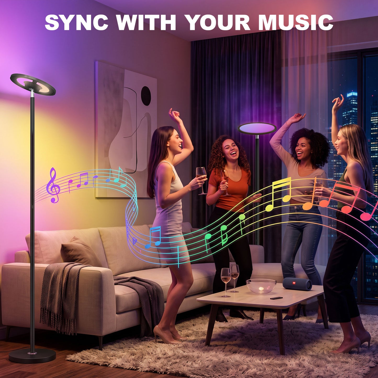 Uplighter Floor Lamp with Tuya App and Music Sync, Standing Lamp with Adjustable Head for Living Room Bedroom, Black