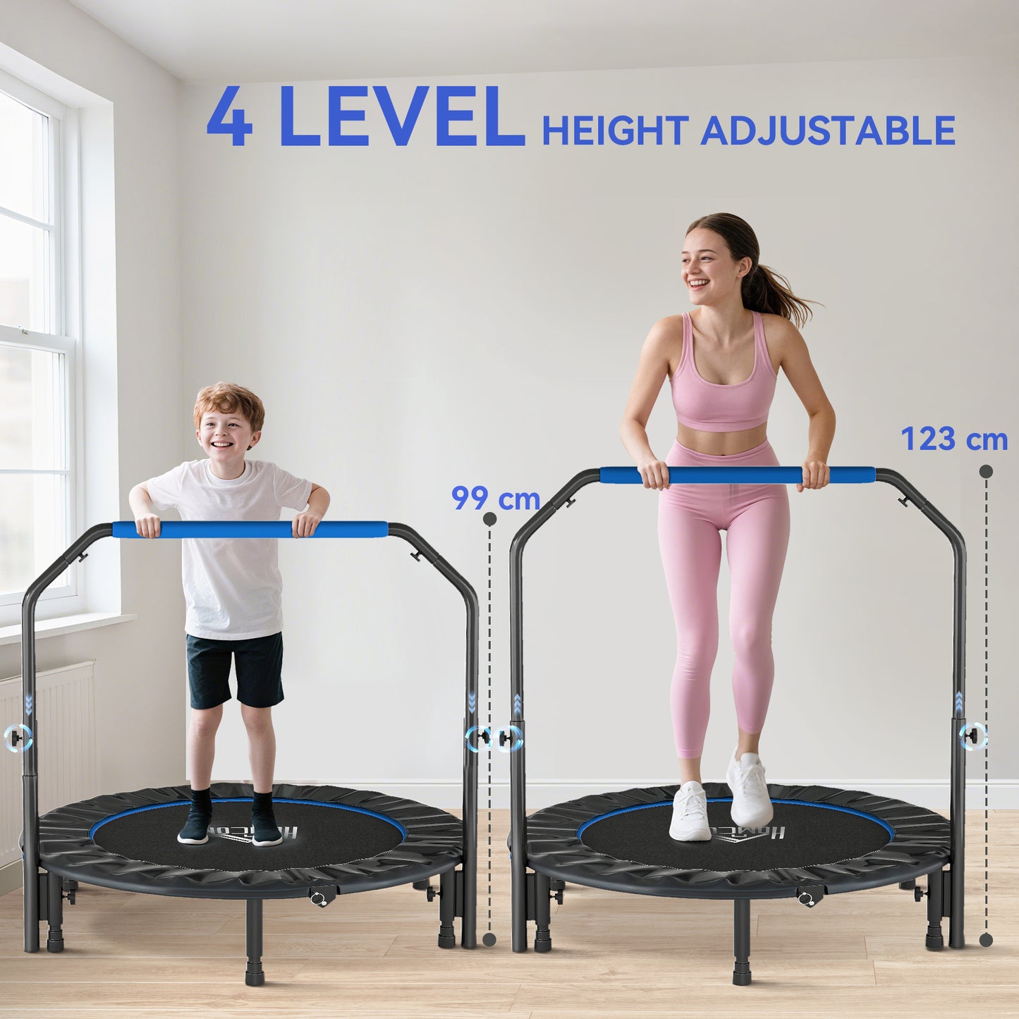 48" Foldable Mini Fitness Trampoline, with Adjustable Foam Handle, Blue