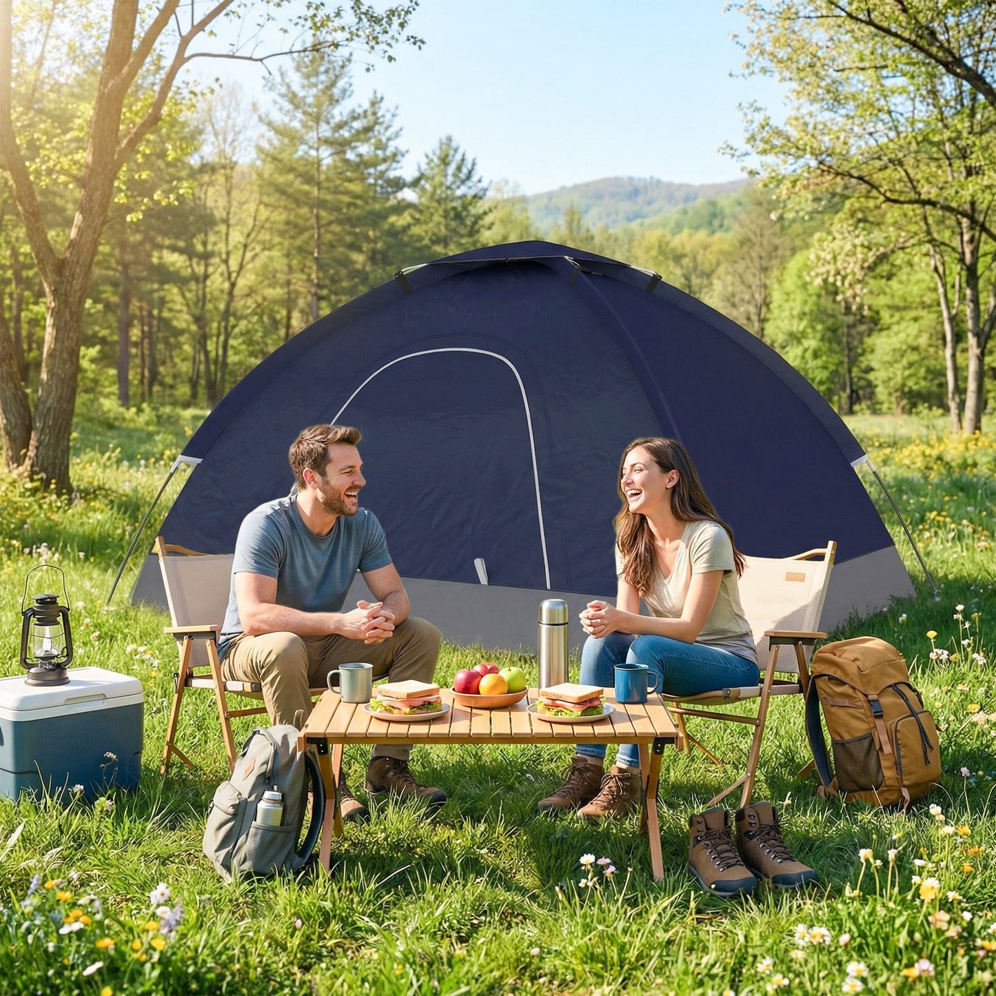 2 Person Camping Tent, Dome Tent with Zipped Doors, Storage Pocket, Portable Handy Bag, Navy Blue