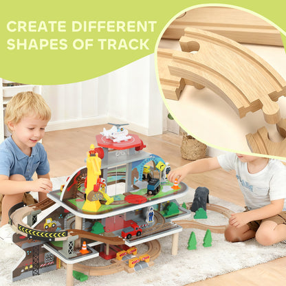 79 Piece Wooden Train Set, Kids Train Track Mine Themed with Crane, Helicopter