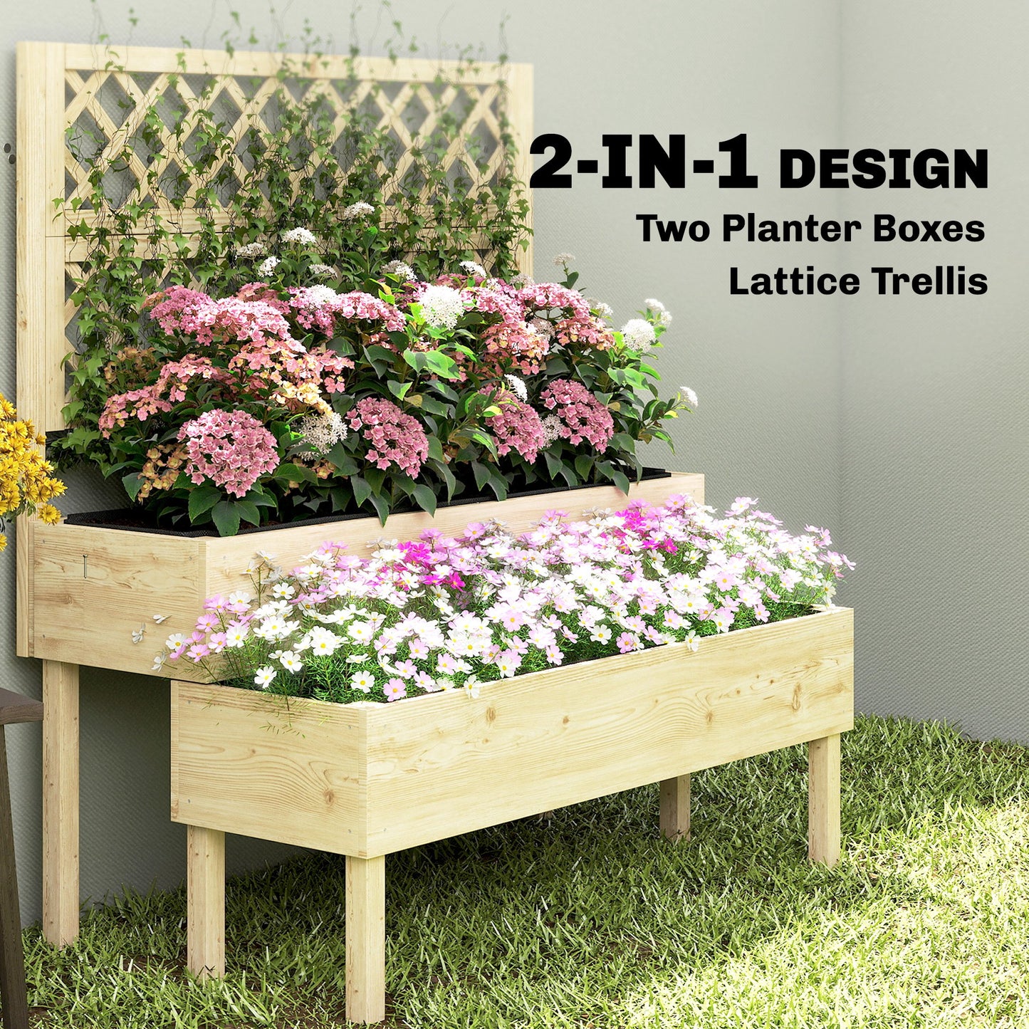 Raised Garden Bed 2-Tier Stepped Design Planter Box with Trellis for Climbing Plants 108x62x120 cm
