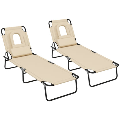 Folding Sun Loungers Set of 2 with Face Hole, 4-Position Adjustable Backrest Garden Recliner Chairs Sunbeds