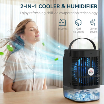 Portable Air Conditioner, 4-in-1 Mini Air Cooler with 4 Wind Speed, 2 Cool Mist, RGB 7 LED Light, Black