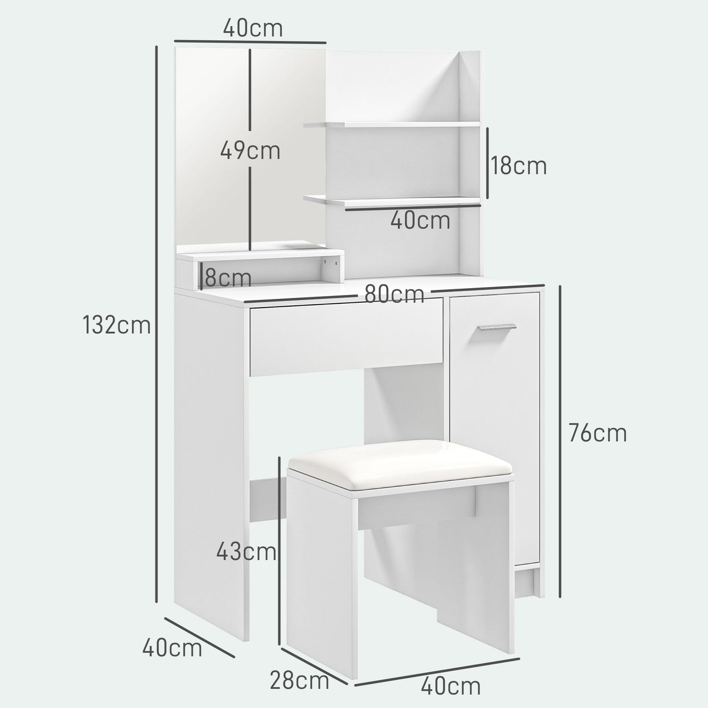 Dressing Table and Stool Set, with Storage - White