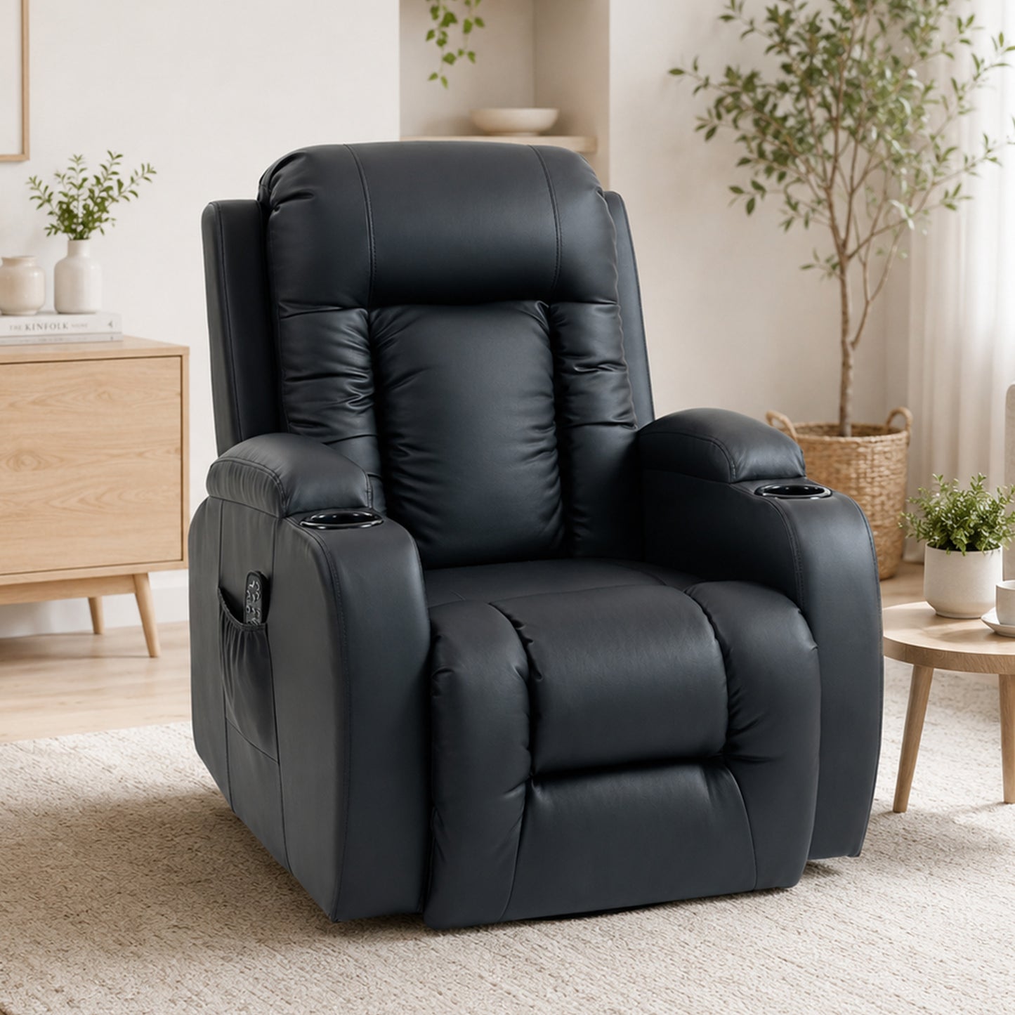 PU Leather Recliner Chair, Recliner Armchair with Extended Footrest, Cup Holders and Side Pockets, Black