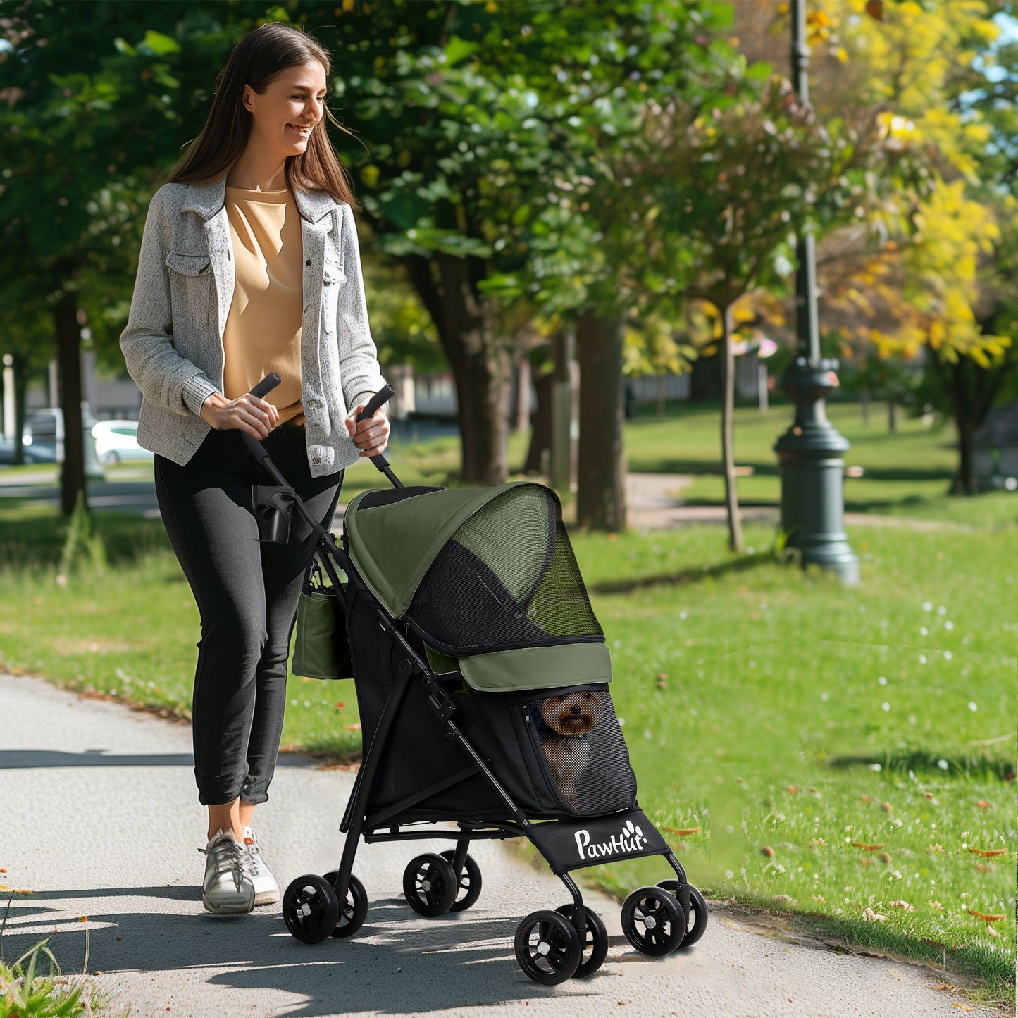 Foldable Dog Stroller, Lightweight Dog Pram w/ Shoulder Strap, Storage Bag, Cup Holder, Dark Green