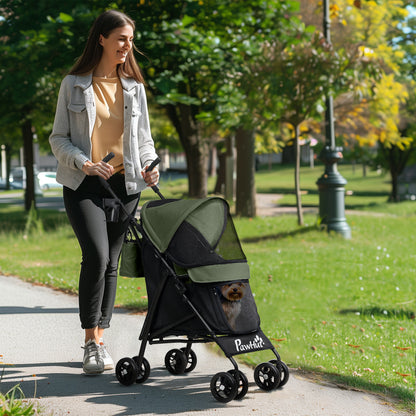 Foldable Dog Stroller, Lightweight Dog Pram w/ Shoulder Strap, Storage Bag, Cup Holder, Dark Green