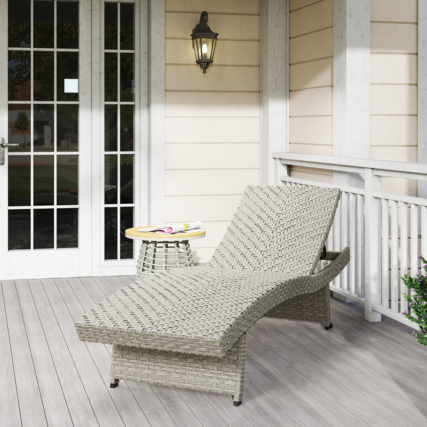 Outdoor PE Rattan Sun Lounger, Folding Wicker Garden Lounger Recliner with 4-Level Adjustable Backrest