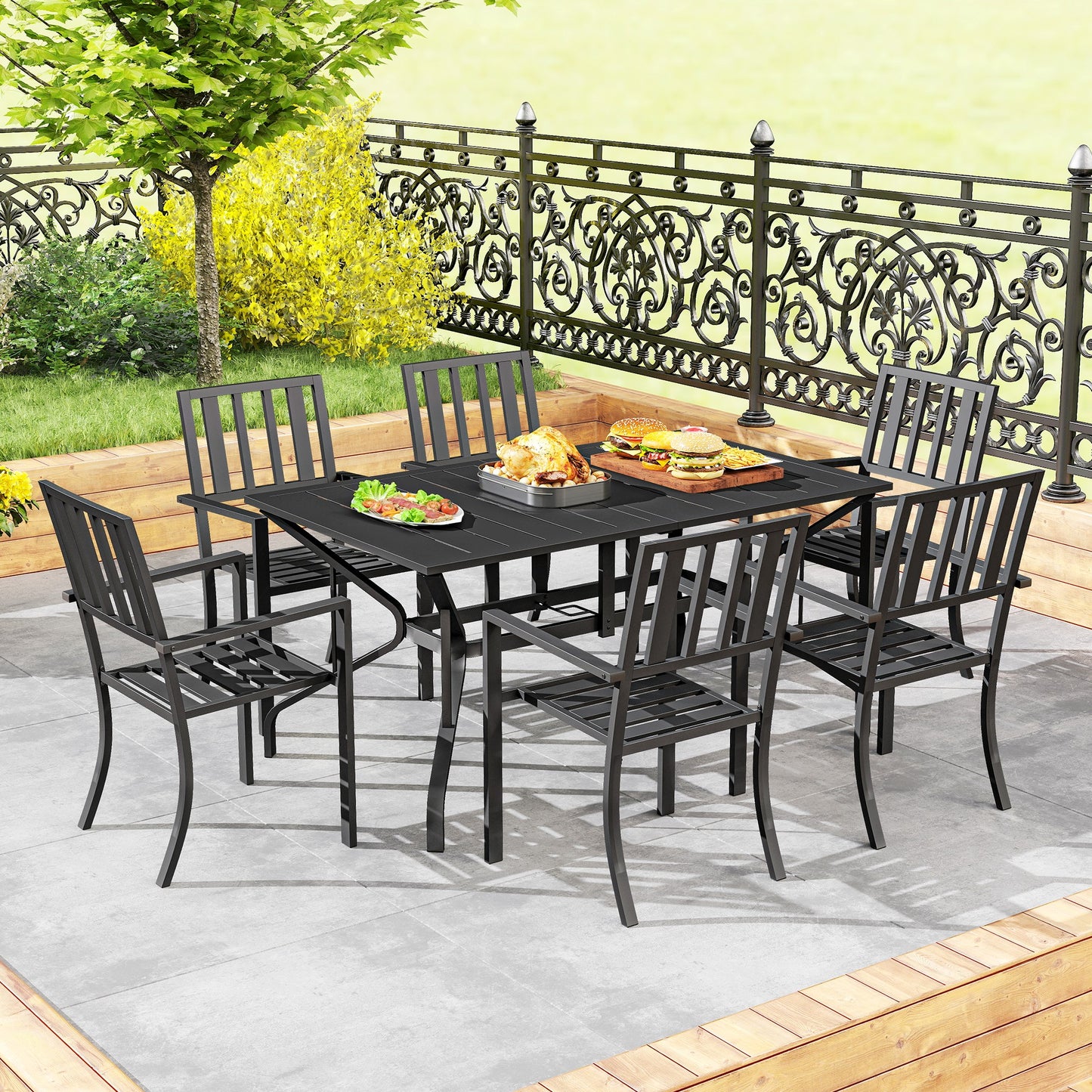 7 Pieces Garden Table and Chairs 6 Seater Outdoor Table and Chairs with Umbrella Hole, for Poolside, Garden, Black
