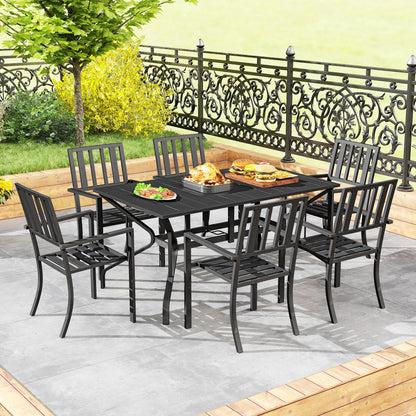 7 Pieces Garden Table and Chairs 6 Seater Outdoor Table and Chairs with Umbrella Hole, for Poolside, Garden, Black