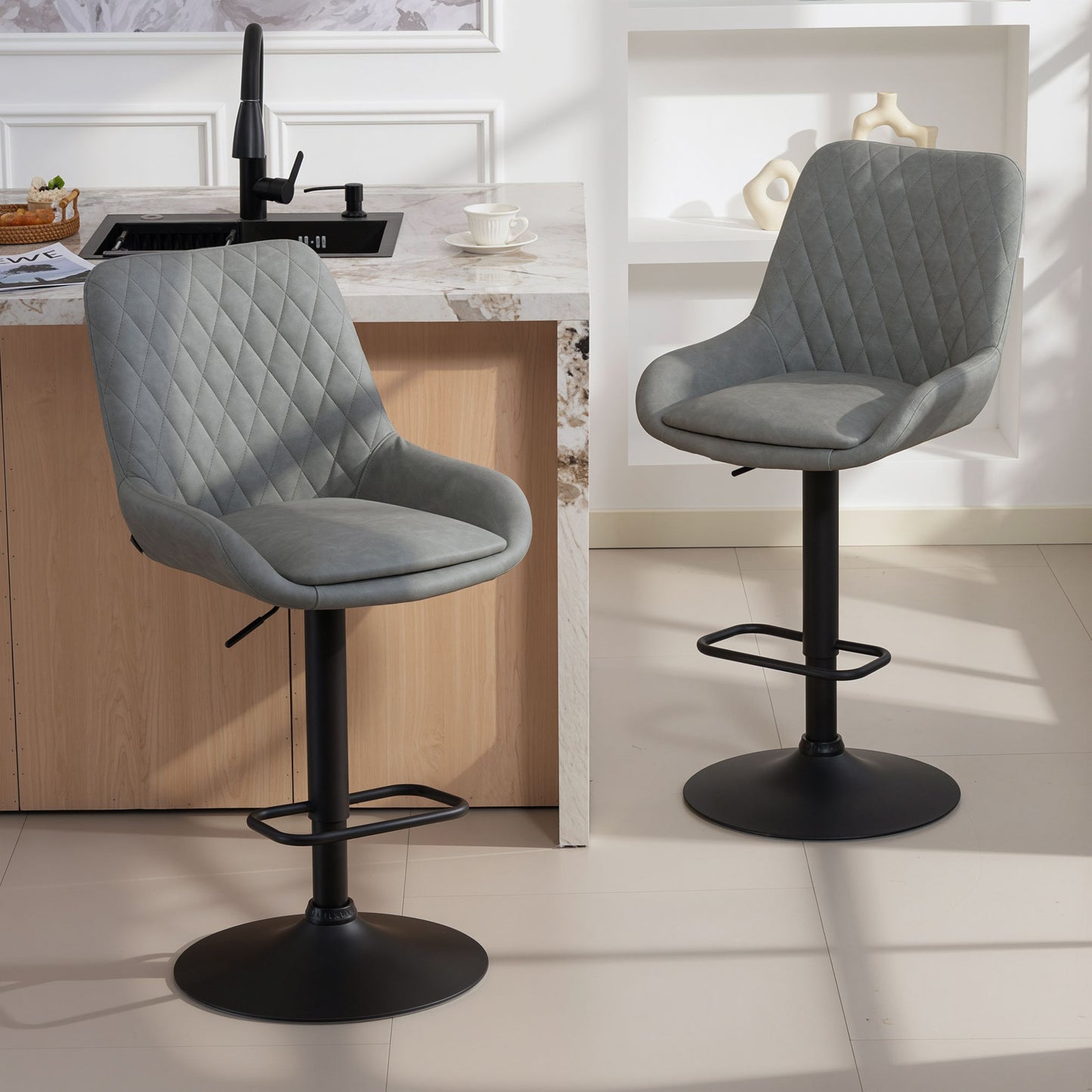 Set of Two Faux Leather Retro Bar Stools - Light Grey