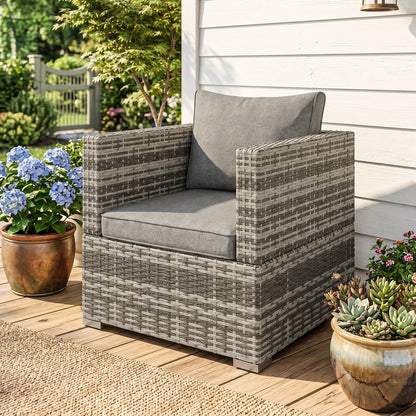 Single Seater Rattan Chair Sofa with Padded Cushions, All-Weather PE Wicker Weave Garden Armchair with Armrests, Grey