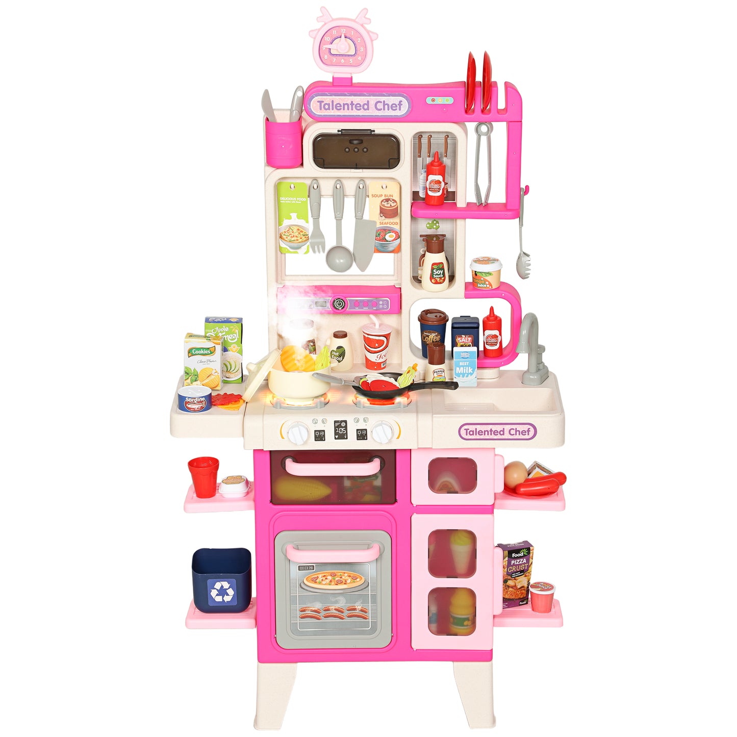 Pretend Play Kitchen Set with Realistic Lights & Sounds, 104PCS Toy Kitchen Accessories for Boys and Girls, Pink