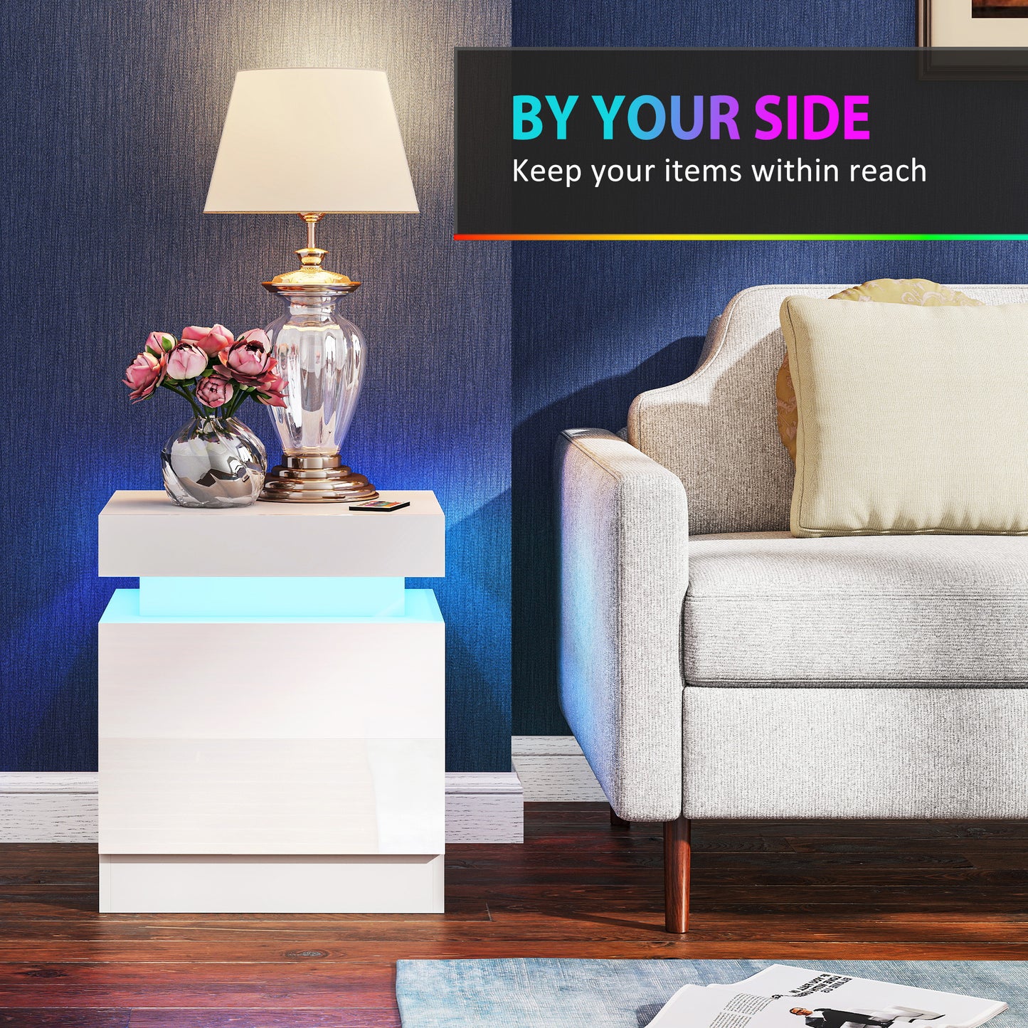 White Bedside Table with LED Light, High Gloss Front Nightstand with 2 Drawers, for Living Room, Bedroom, Set of 2