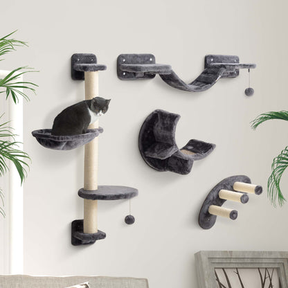 Four-Piece Cat Wall Furniture, with Hammock, Ladder, Platforms, Steps, for Indoor Use - Dark Grey