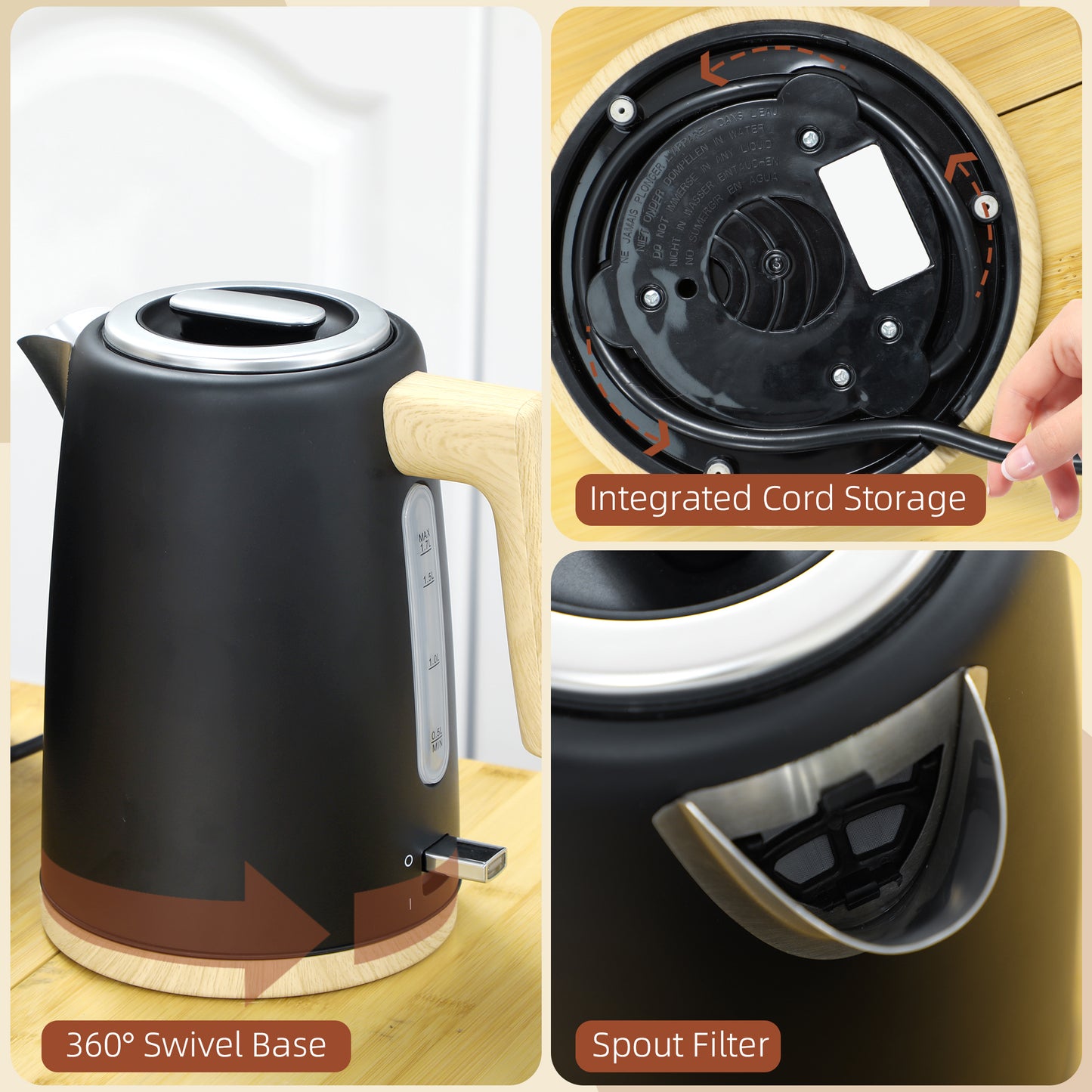 Stainless Steel Kettle and Toaster Set, 1.7L 3000W Fast Boil Kettle & 2 Slice Toaster Kitchen Set