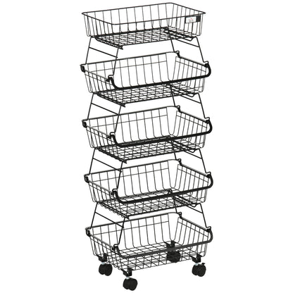 5 Tier Storage Trolley, Stackable Fruit Vegetable Cart for Kitchen, Living Room, 40 x 2 x 97 cm, Black