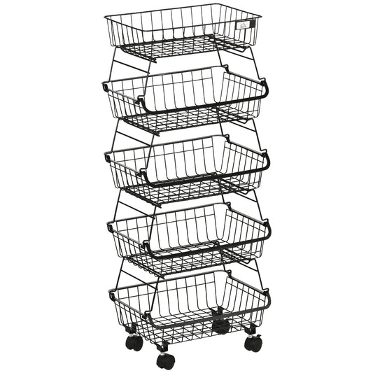 5 Tier Storage Trolley, Stackable Fruit Vegetable Cart for Kitchen, Living Room, 40 x 2 x 97 cm, Black