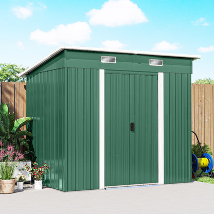 7 x 4ft Outdoor Storage Shed with Foundation Kit, Lean to Metal Garden Shed for Log, Rubbish Bin, Tool, Bike, Green